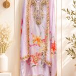 Insiya:Lavender Bloom Muslin Suit with Mirror & Jute Work