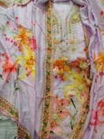 Lavender Bloom Muslin Unstitched Suit with Mirror & Jute Work - Image 2