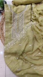 Elegant Mehendi Green Chinon Suit - Image 3