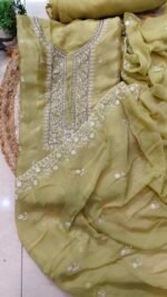 Elegant Mehendi Green Chinon Unstitched Suit - Image 3