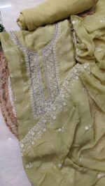 Elegant Mehendi Green Chinon Suit - Image 2