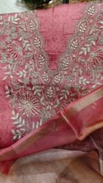 Coral Silk  Golden Embroidery Suit - Image 5