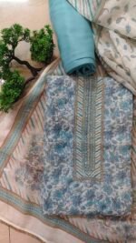 Floral Blue Linen Unstitched Suit - Image 3