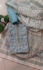 Floral Blue Linen Unstitched Suit - Image 4