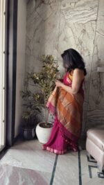 Noorvi Magenta Linen Cotton Saree - Image 2