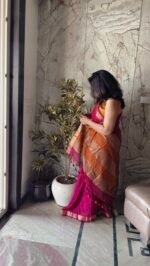 Noorvi Magenta Linen Cotton Saree - Image 2