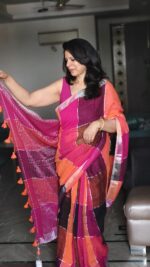 Multicolor Checks Linen Saree - Image 2