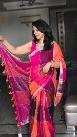 Multicolor Checks Linen Saree - Image 3