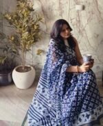 Indigo Floral hand block Saree