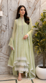 Unstitched Muslin Suit with Delicate Lace Work - Image 3