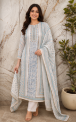 Floral Blue Linen Unstitched Suit