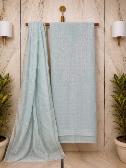 Pearl work Mul Chanderi  Powder Blue  Unstitched Suit
