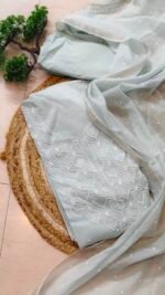 Pearl work Mul Chanderi  Powder Blue  Unstitched Suit - Image 2