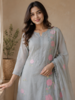 Applique Work Grey  Unstitched Suit