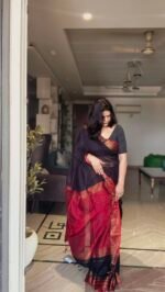 Mul Cotton Black and Red Border Saree - Image 3