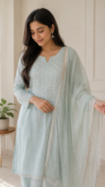 Pearl work Mul Chanderi  Powder Blue  Unstitched Suit - Image 5