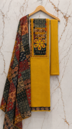 Mirror and hand work yellow cotton Unstitched Suit