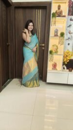 Linen green with golden stripe saree - Image 3