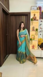 Linen green with golden stripe saree - Image 2