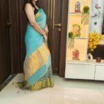 Linen green with golden stripe saree