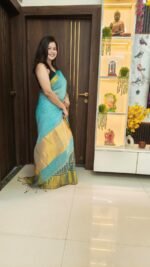 Linen green with golden stripe saree